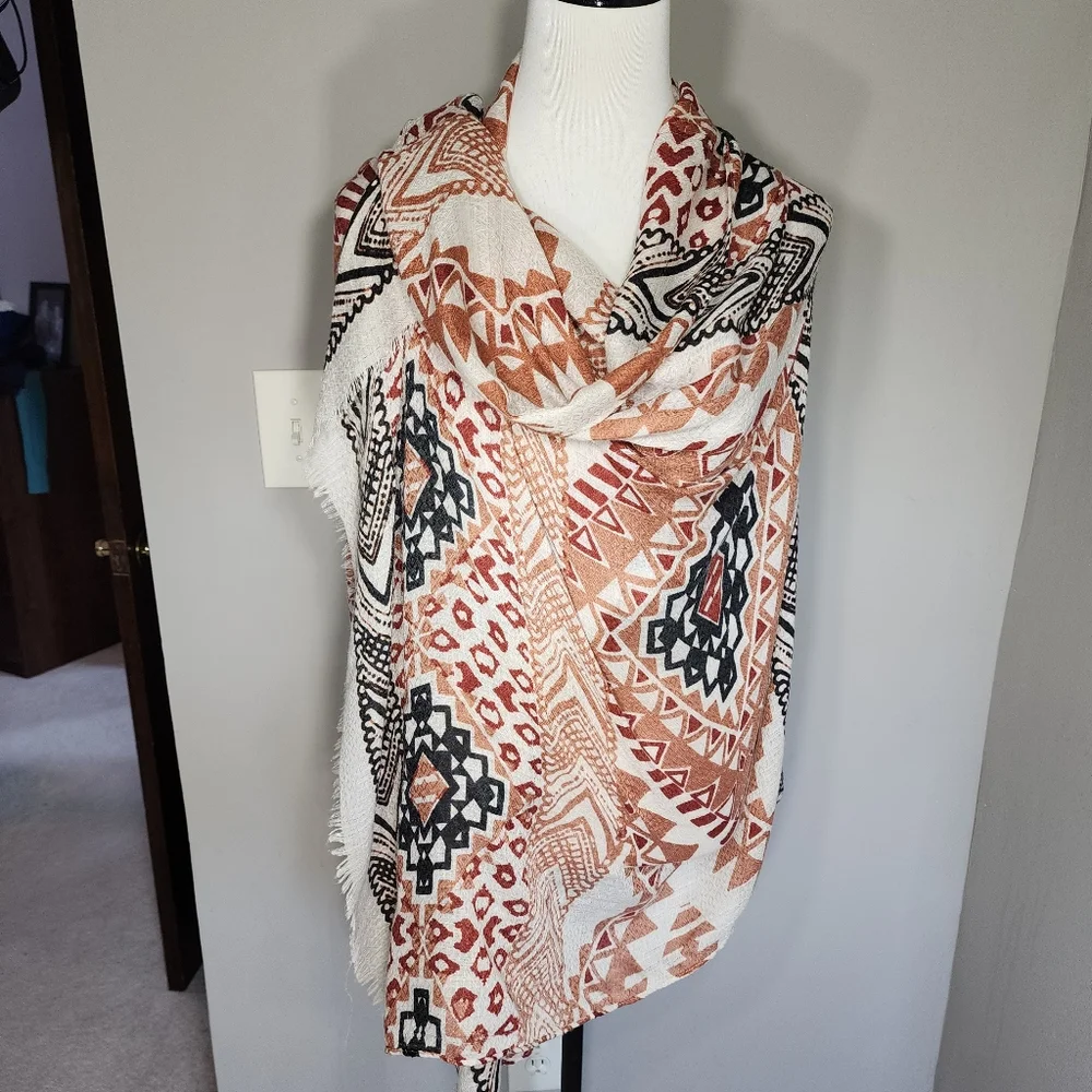 Long rectangle scarf with fringe Geometric cream burgundy burnt orange black